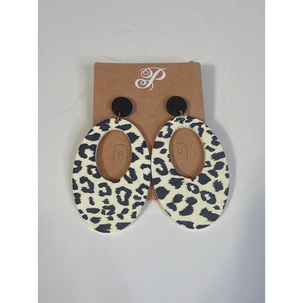 Plunder Design Leopard Print Oval Drop Earrings Cream Black Animal Print